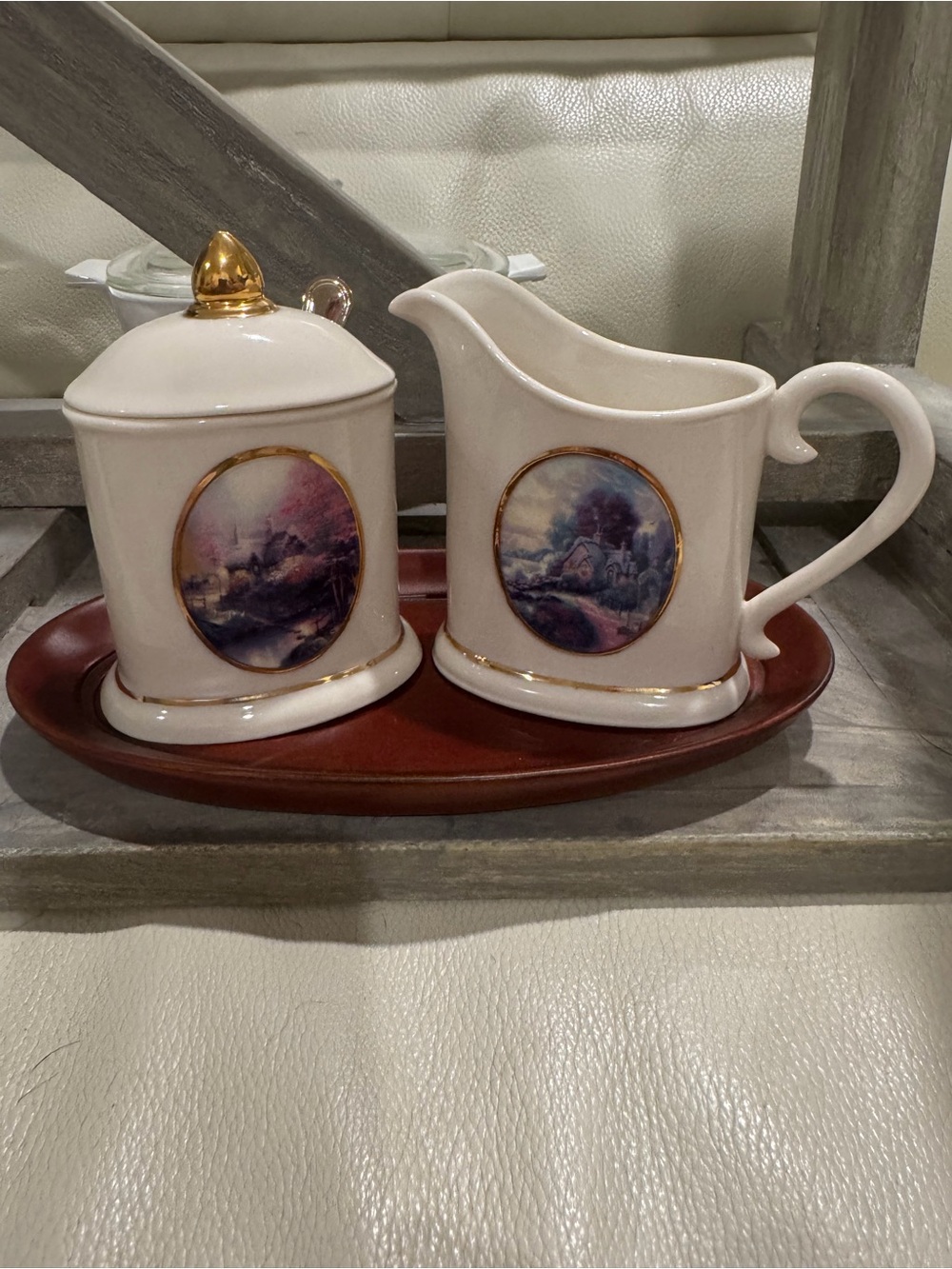 Thomas Kinkade Cream and Gold Porcelain Creamer & Sugar Set
